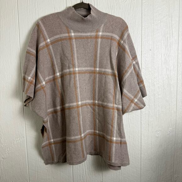 Max Studio Womens Poncho Cape Mock Neck Window Pane Plaid One Size Knit Pullover - Picture 2 of 8